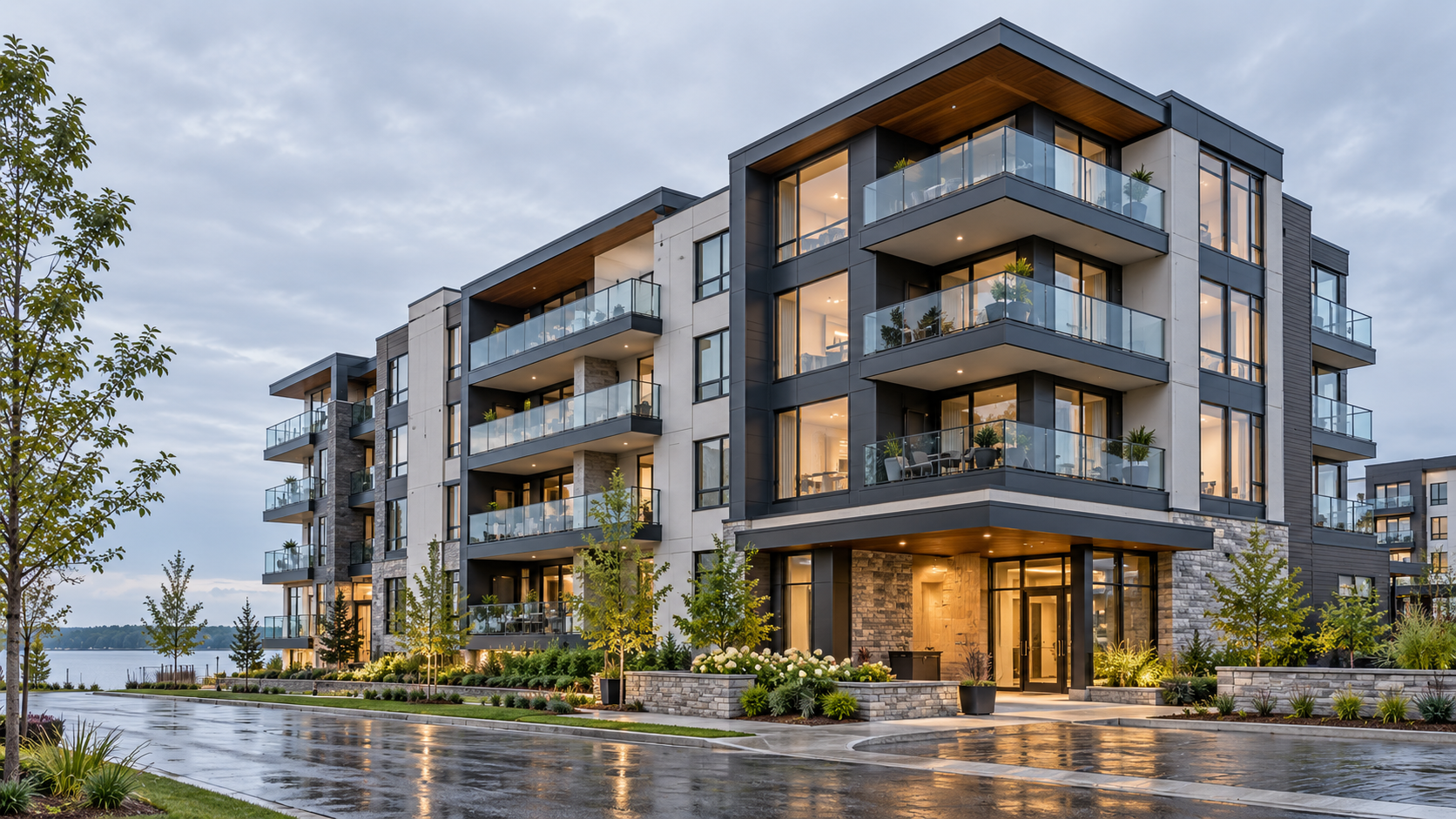 Illustrative modern mid-rise condominium exterior